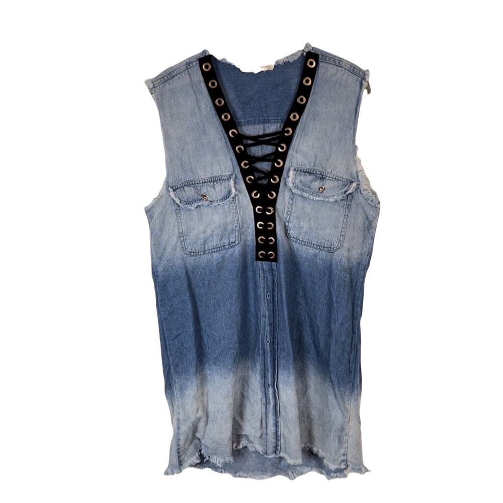 Hot & Delicious Mini Dress Womens Blue Cotton Sleeveless Frayed Edges Size Large